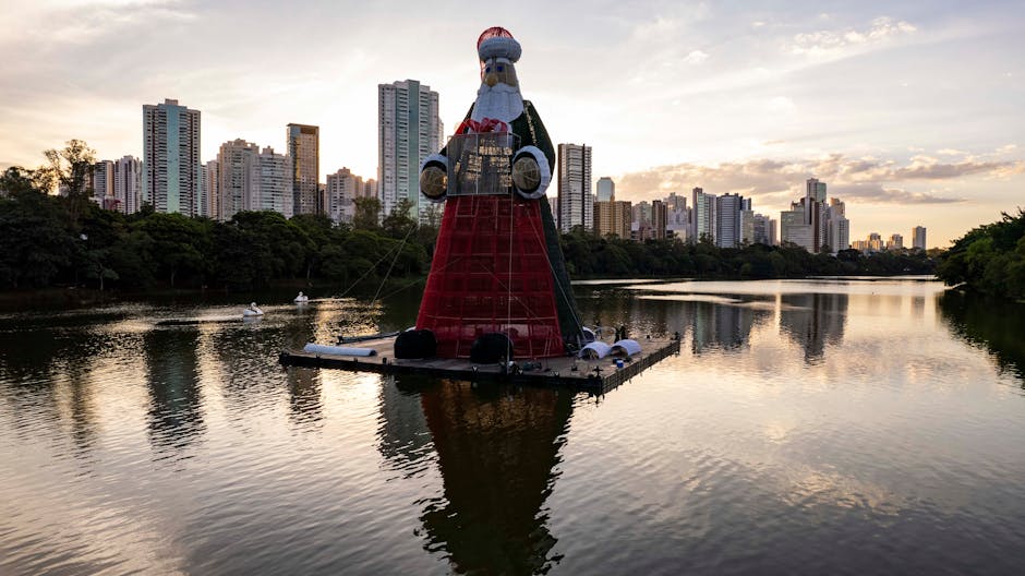 A large Santa Claus decoration floats on Lago Igapó in Londrina, Brazil